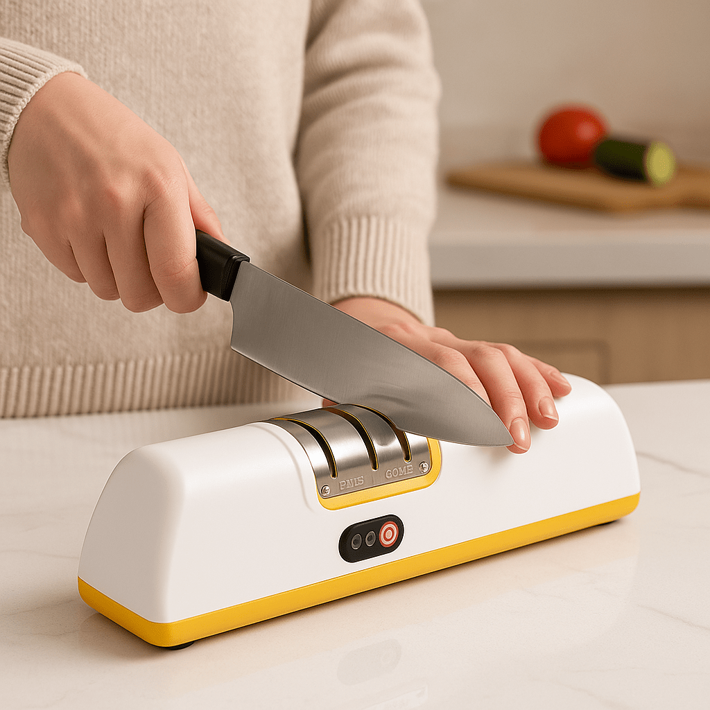 femme utilisant aiguiseur couteau électrique ProSharp jaune