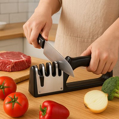 couteau glissant sur l'aiguiseur a couteau entourer d'aliments