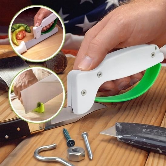 aiguiseur couteau multifonction en action sur un petit couper de cuisine avec bulles représentantes