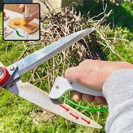 aiguiseur couteau multifonction en action sur une cisaille de jardin