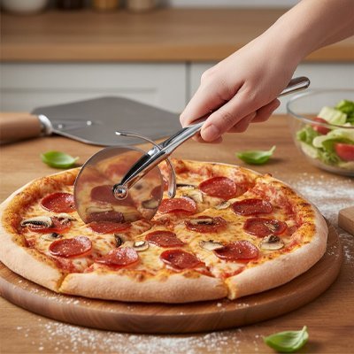 Couteau à pizza professionnel qui coupe une pizza