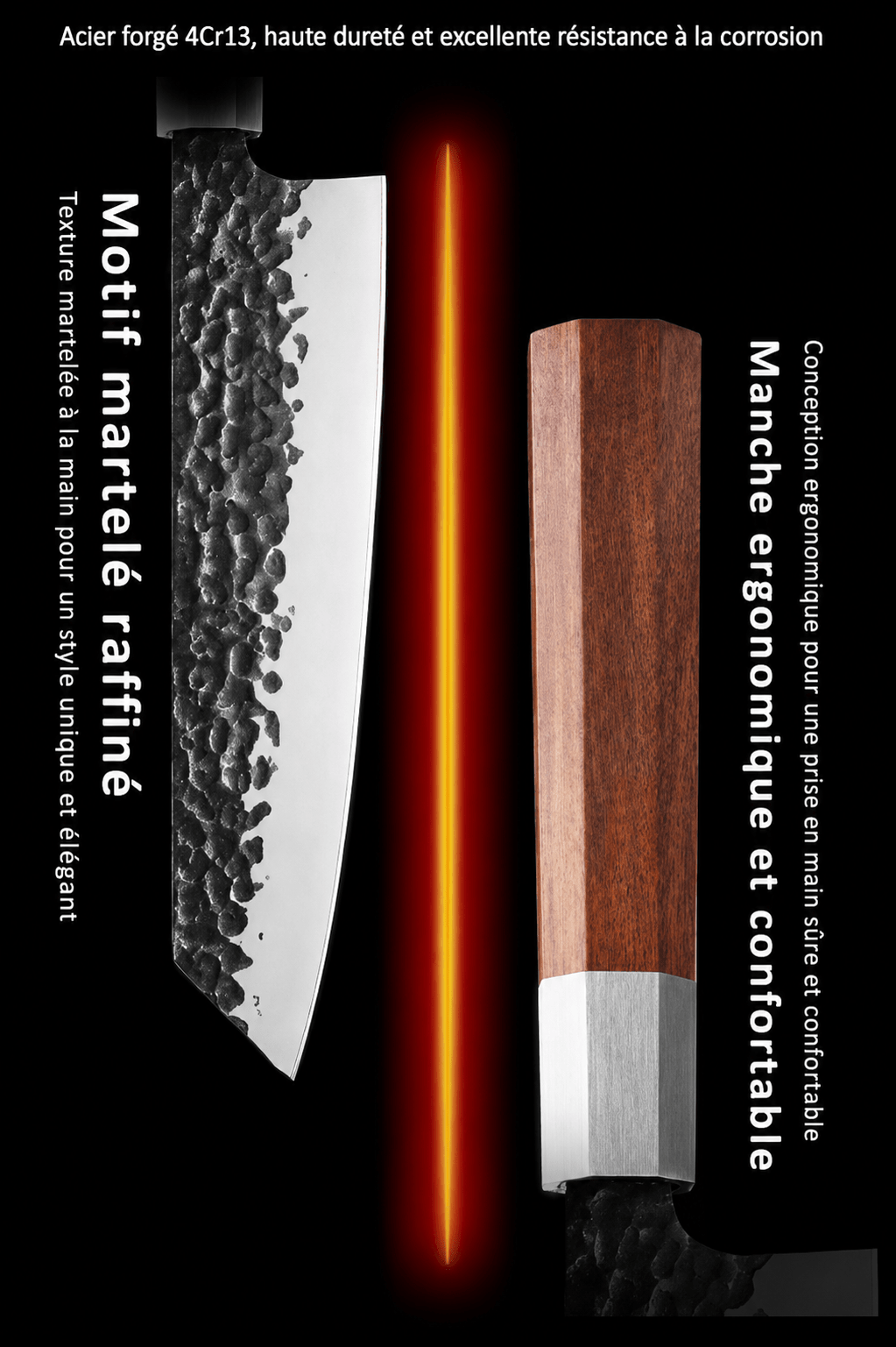 Couteau martelé manche en bois élégant
