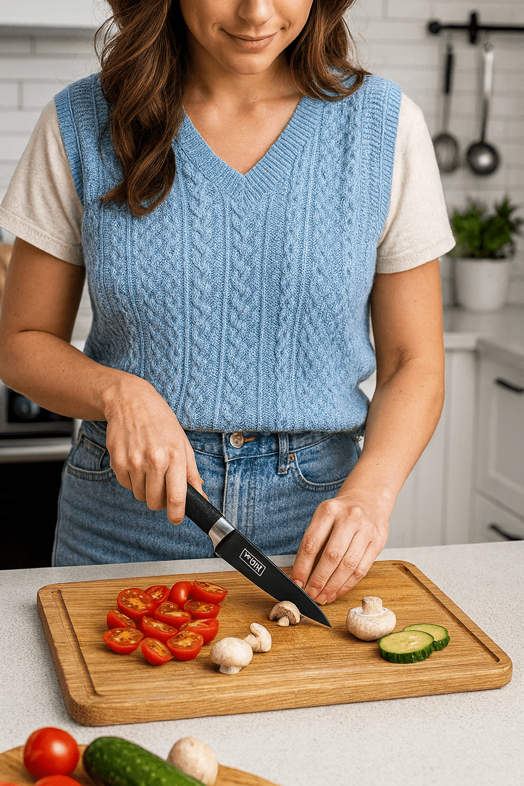 Une femme debout dans une cuisine moderne utilise le plus petit modèle de couteau de cuisine noir en acier inoxydable pour couper des aliments sur une planche à découper posée sur le comptoir.
