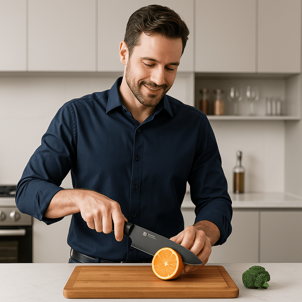 homme en train de couper un agrume avec un couteau de cuisine noir en acier inoxidable