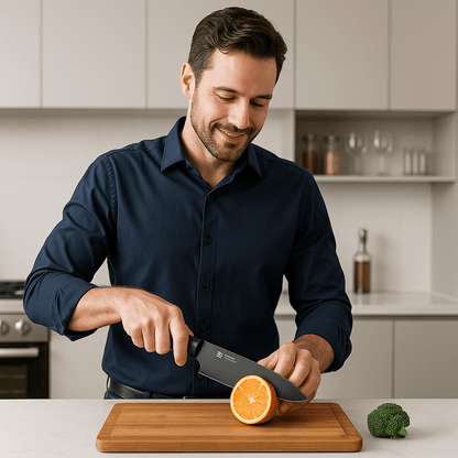 homme en train de couper un agrume avec un couteau de cuisine noir en acier inoxidable