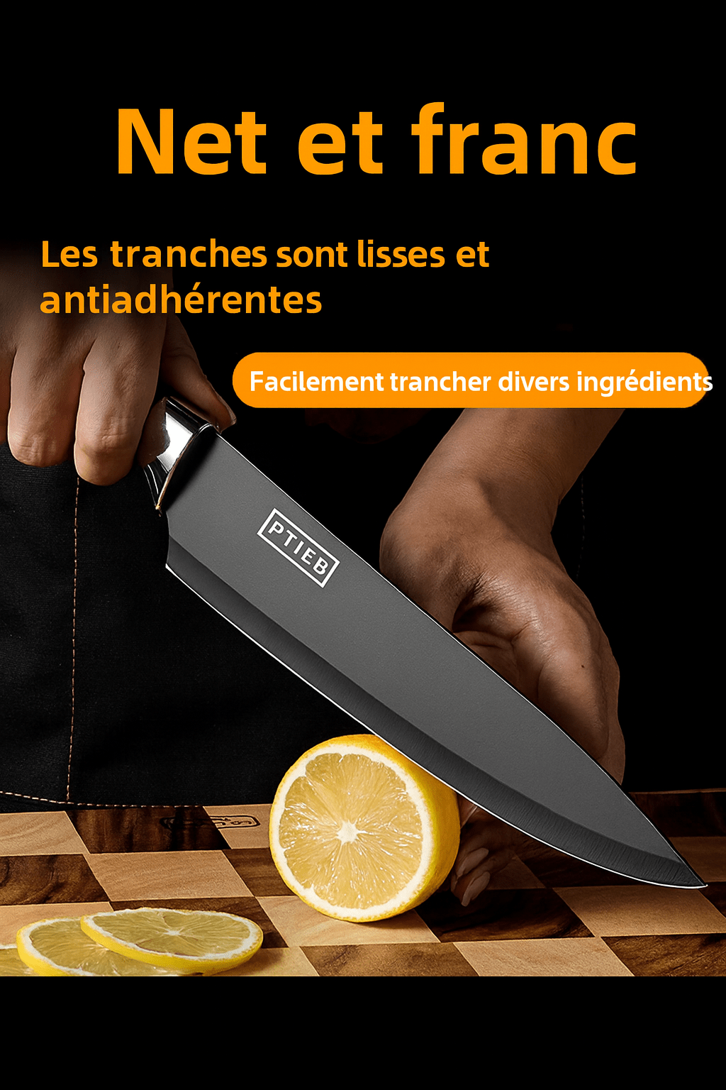 Découpe net et Franc avec un couteau de cuisine noir en acier inoxidable.